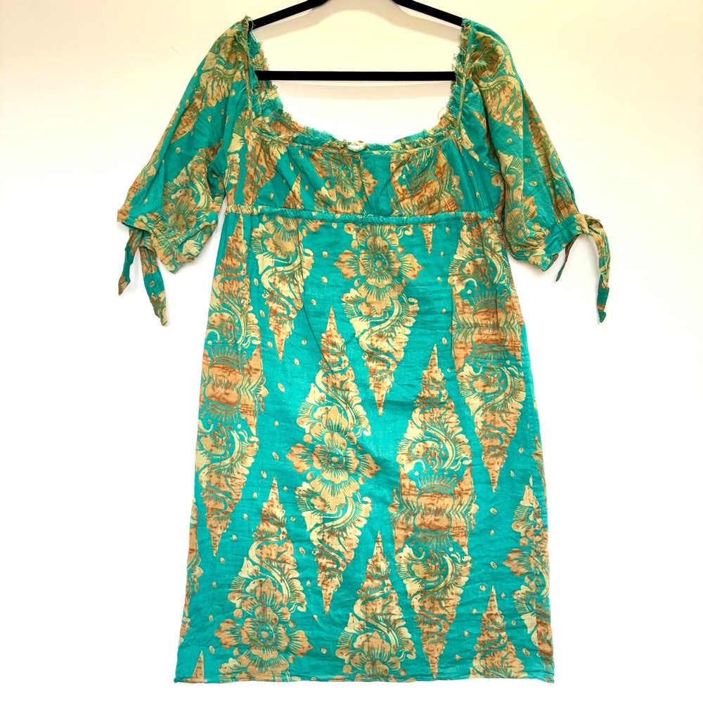 Diane von Furstenberg DVF Cotton Boho Resort Dress Green Gold Print Size 4